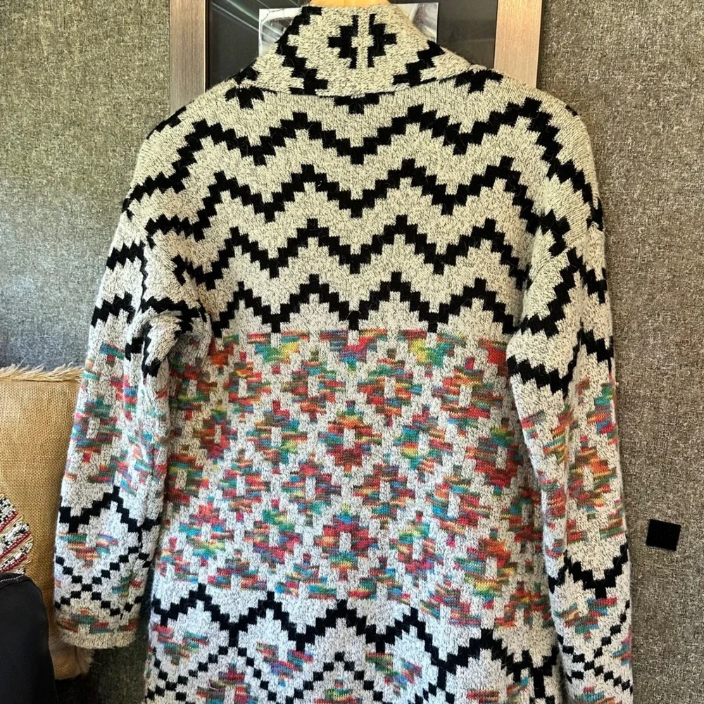 Debut Southwestern‎ Geometric Open Front Knit Cardigan Vibrant Colors Bohemian